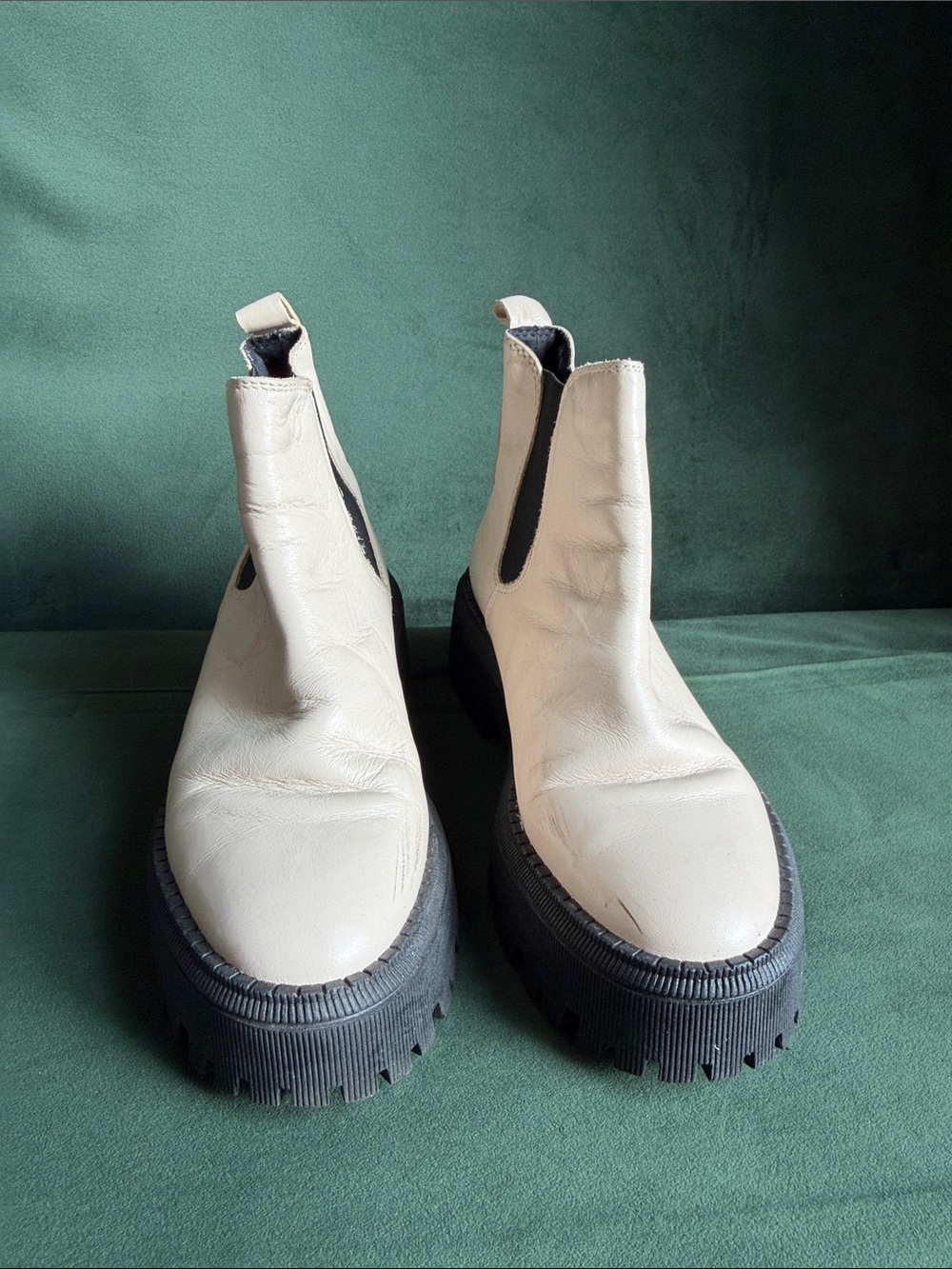 Women's Cream Chelsea Platform Booties with Black Lug Sole